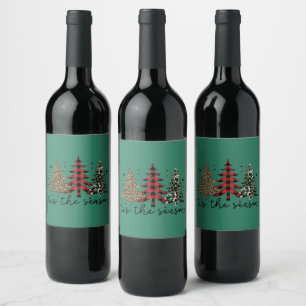 "Tis the Season" Plaid Leopard Christmas Trees Wine Label