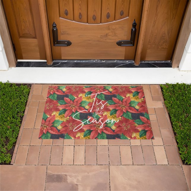 Tis the Season Poinsettia Christmas Holiday Doormat (Outdoor)