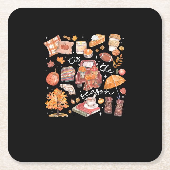 Tis The Season Pumpkin Autumn Fall Yall Leaves Tha Square Paper Coaster (Front)