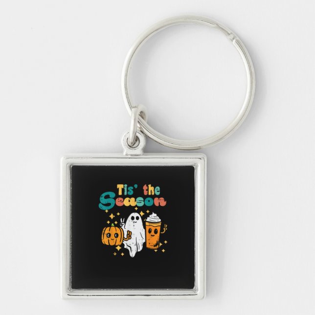 Tis The Season Pumpkin Latte Retro Halloween Fall Key Ring (Front)