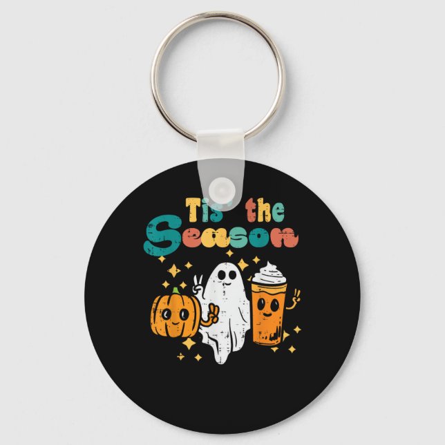 Tis The Season Pumpkin Latte Retro Halloween Fall Key Ring (Front)