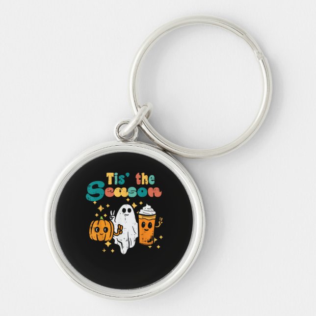 Tis The Season Pumpkin Latte Retro Halloween Fall Key Ring (Front)