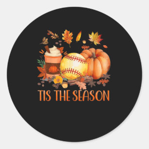 Tis The Season Pumpkin Leaf Latte Fall Softball Classic Round Sticker