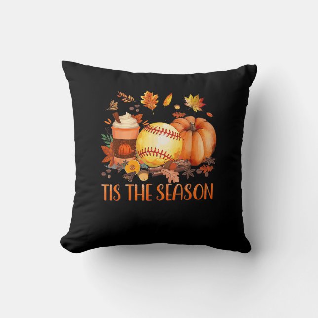 Tis The Season Pumpkin Leaf Latte Fall Softball Cushion (Front)