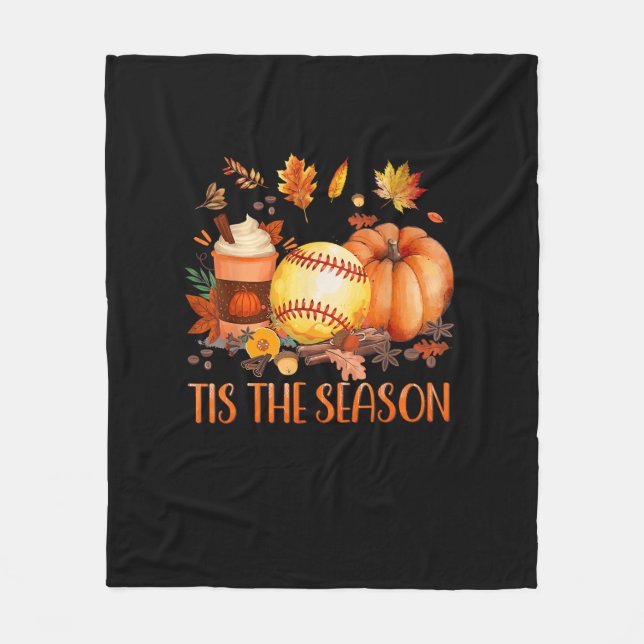 Tis The Season Pumpkin Leaf Latte Fall Softball Fleece Blanket (Front)