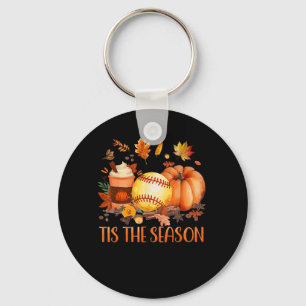 Tis The Season Pumpkin Leaf Latte Fall Softball Key Ring