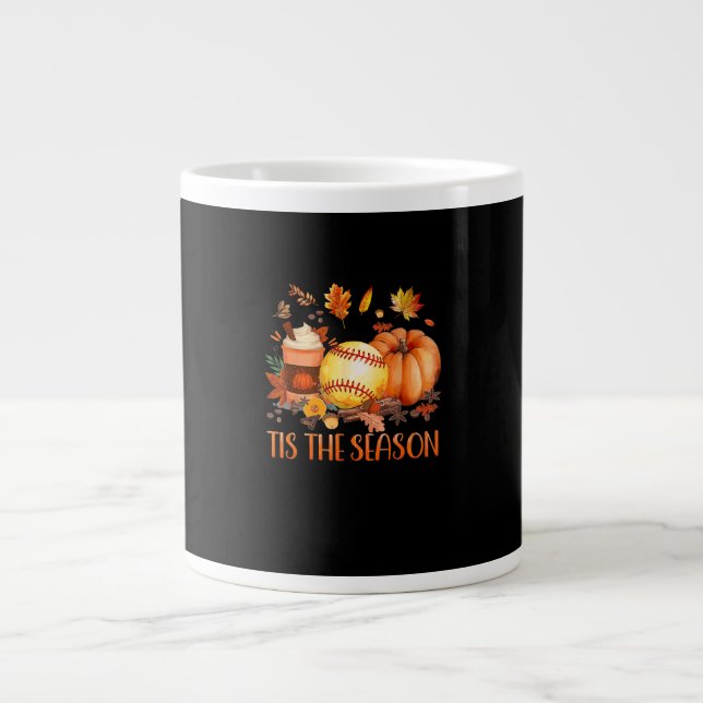 Tis The Season Pumpkin Leaf Latte Fall Softball Large Coffee Mug (Front)
