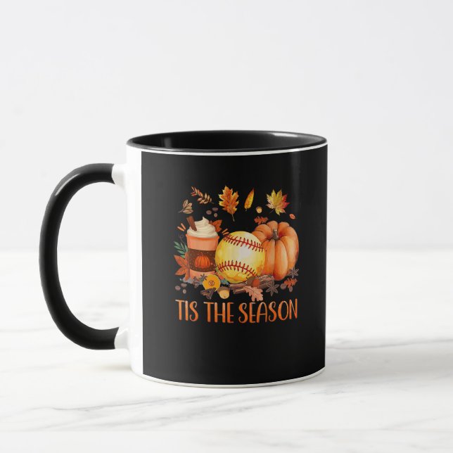 Tis The Season Pumpkin Leaf Latte Fall Softball Mug (Left)