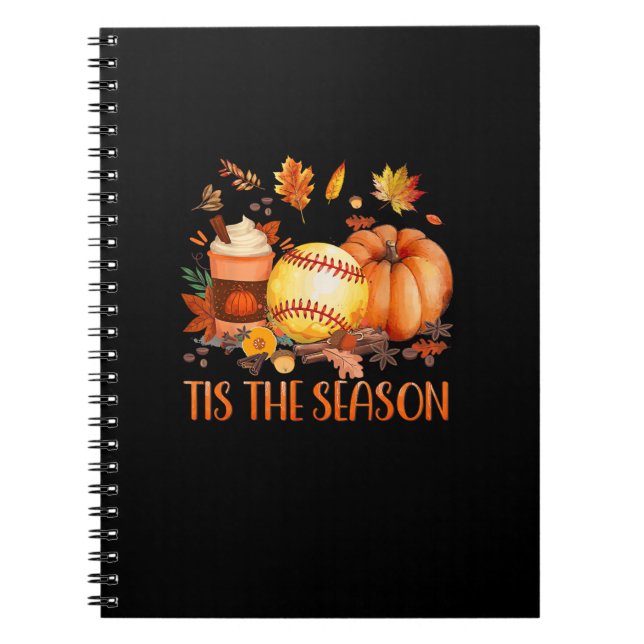 Tis The Season Pumpkin Leaf Latte Fall Softball Notebook (Front)