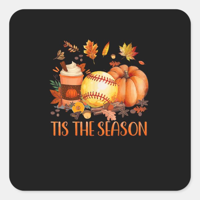 Tis The Season Pumpkin Leaf Latte Fall Softball Square Sticker (Front)