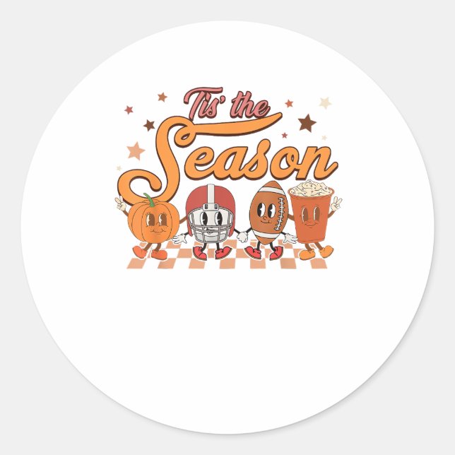 Tis The Season Pumpkin Leaf Latte Football Creativ Classic Round Sticker (Front)