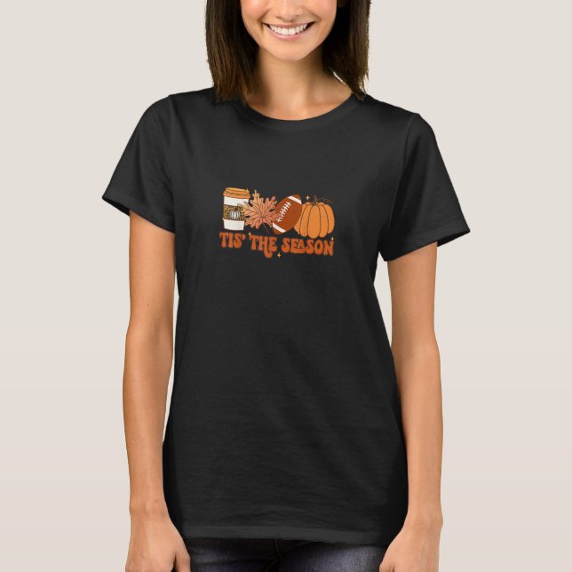 Tis The Season Pumpkin Leaf Thanksgiving Football  T-Shirt (Front)