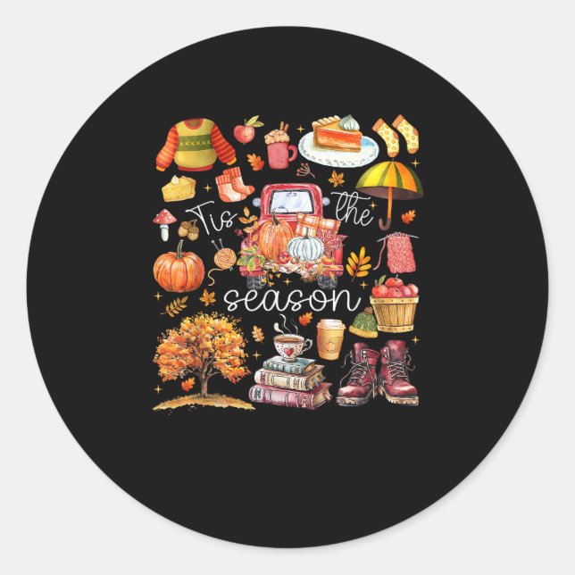 Tis The Season Pumpkin Leaves Autumn Classic Round Sticker (Front)
