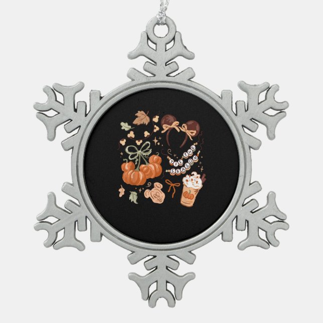 Tis The Season Pumpkin Season, Fall Harvest Autumn Snowflake Pewter Christmas Ornament (Front)