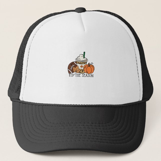 Tis The Season Pumpkin Thanksgiving Football Minim Trucker Hat (Front)