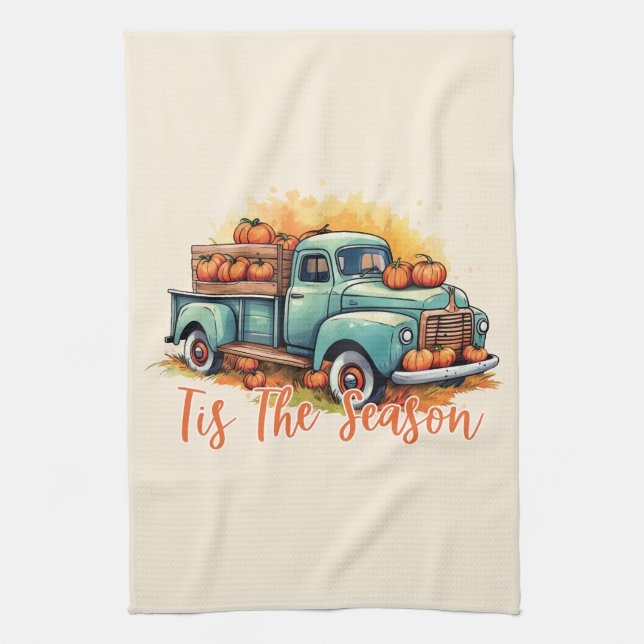 'Tis The Season Pumpkin Truck Tea Towel (Vertical)