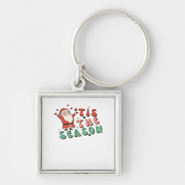 Tis The Season Retro Christmas Santa Key Ring (Front)