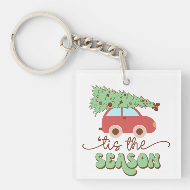 Tis The Season Retro Groovy Christmas Holidays Key Ring (Front)