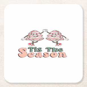 Tis The Season Retro Groovy Christmas Vintage Chri Square Paper Coaster
