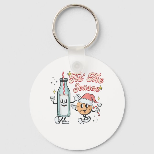 Tis The Season Retro Milk And Cookie Christmas Key Ring (Front)