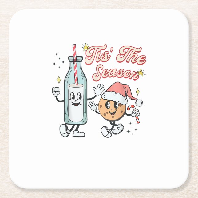Tis The Season Retro Milk And Cookie Christmas Square Paper Coaster (Front)