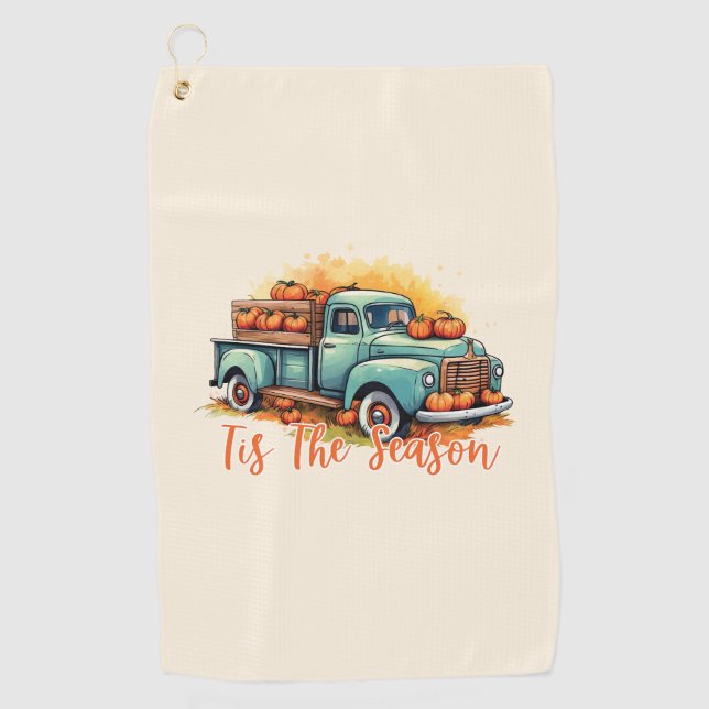 'Tis The Season – Rustic Truck with Pumpkins Golf Towel (Front)