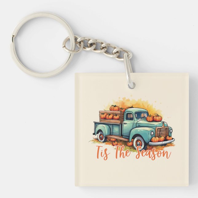 'Tis The Season – Rustic Truck with Pumpkins Key Ring (Front)