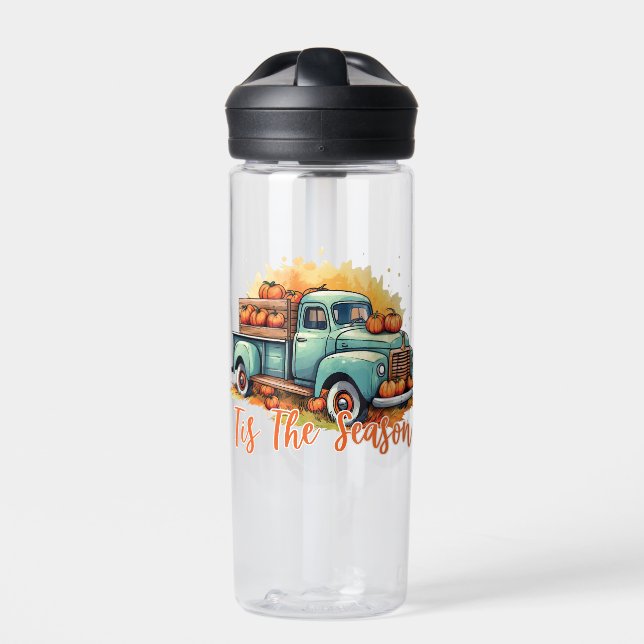 'Tis The Season – Rustic Truck with Pumpkins Water Bottle (Front)