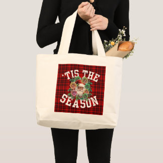 tis the season santa claus flower floral holiday large tote bag