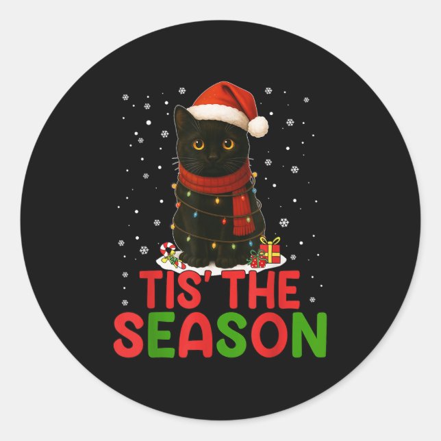 Tis' The Season Santa Hat Funny Black Cat Christma Classic Round Sticker (Front)