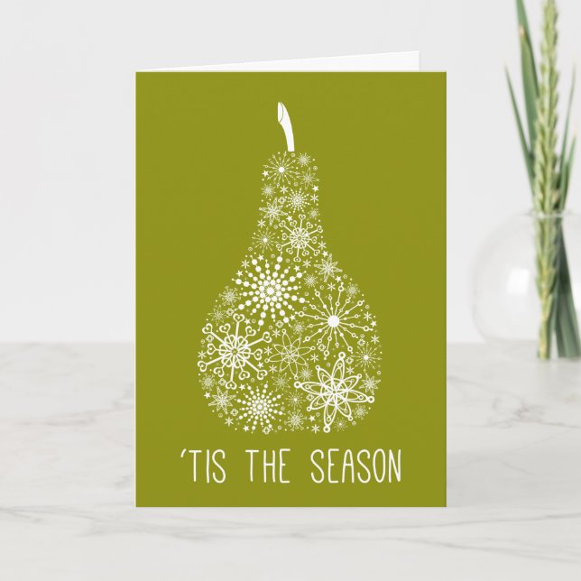 Tis the Season Snowflake Pear on Avocado Green Holiday Card (Front)