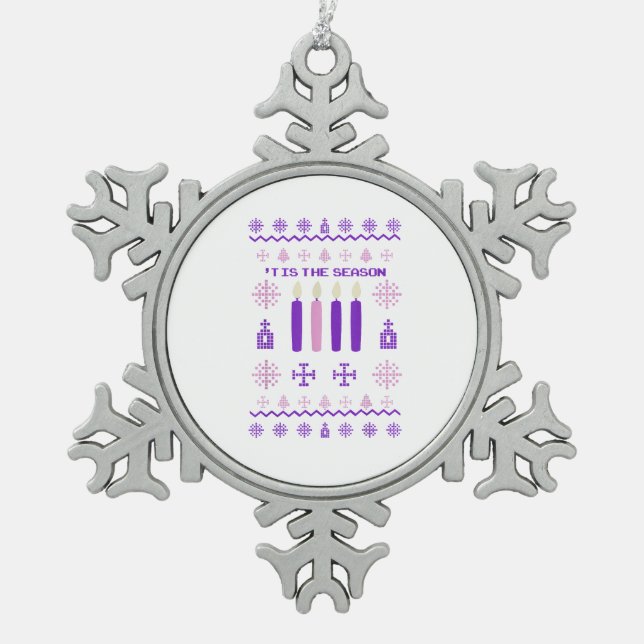Tis The Season Sweater Christmas Xmas Catholic Snowflake Pewter Christmas Ornament (Front)