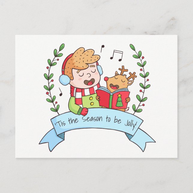 Tis the Season to be Jolly Boy Reindeer Carol Card (Front)