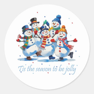 Tis the Season to be Jolly Dancing Jolly Snowmen Classic Round Sticker