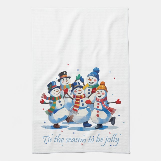 Tis the Season to be Jolly Dancing Jolly Snowmen Tea Towel (Vertical)