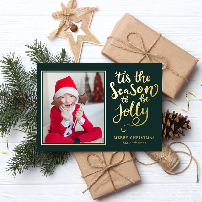 Tis The Season To Be Jolly Editable Colour Photo Foil Holiday Card (Creator Uploaded)