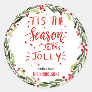 Tis The Season To Be Jolly Red Script   Wreath Classic Round Sticker