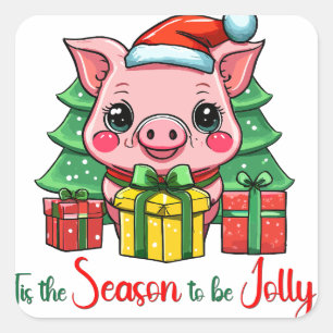 Tis the season to be jolly Santa Pig Square Sticker