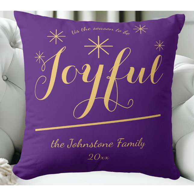 "tis the season to be Joyful" Elegant Holiday  Cushion (Help induce a festive mood with this Joyful purple and gold throw pillow.)