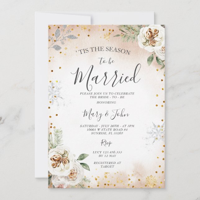 Tis the season to be married Winter Floral  Invitation (Front)