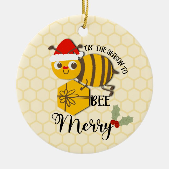 Tis the season to be merry bee  card ceramic tree decoration (Front)