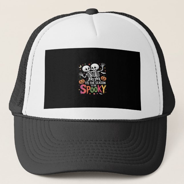 Tis The Season To Be Spooky Dancing Skeleton Hallo Trucker Hat (Front)