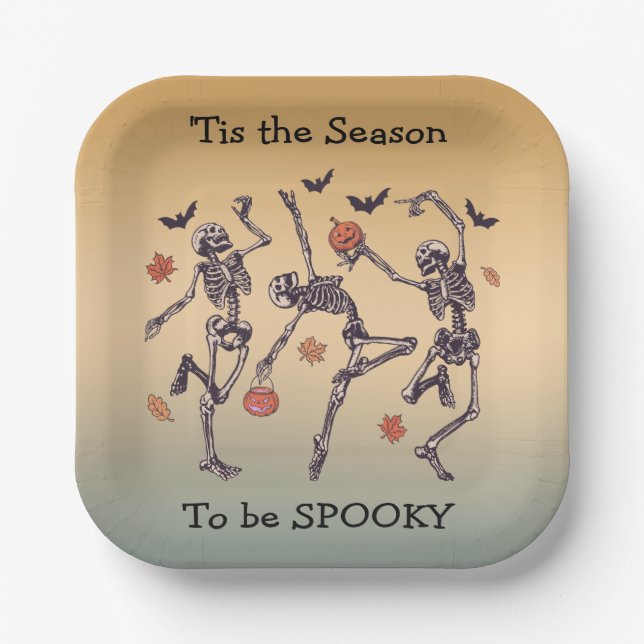 Tis The Season to Be Spooky -  Skeletons Dancing Paper Plate (Front)