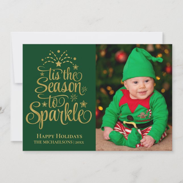 Tis The Season to Sparkle Green Gold Photo Holiday Card (Front)