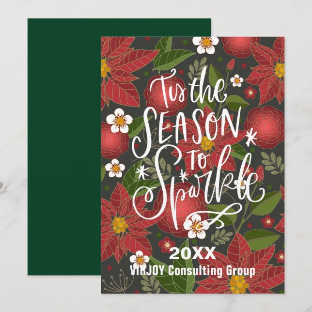 Tis The Season To Sparkle Red Poinsettia Business Holiday Card (Front/Back)