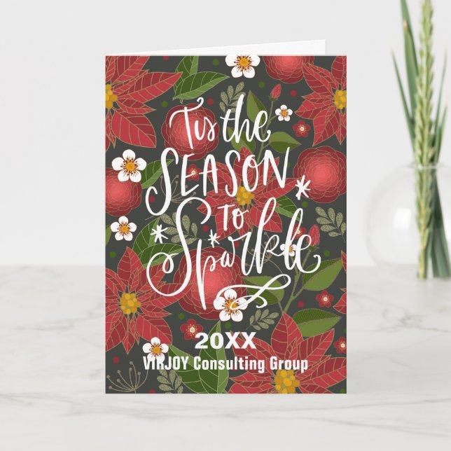 Tis The Season To Sparkle Red Poinsettia Business Holiday Card (Front)