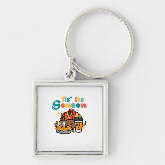 Tis The Season Turkey Coffee Retro Thanksgiving Fa Key Ring (Front)