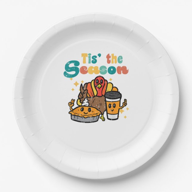Tis The Season Turkey Coffee Retro Thanksgiving Fa Paper Plate (Front)