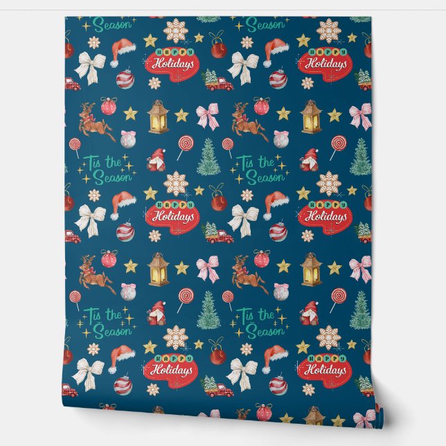 tis the season, watercolor christmas retro blue wallpaper (Unrolling)