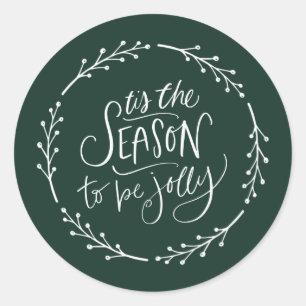 Tis the season white wreath green classic round sticker